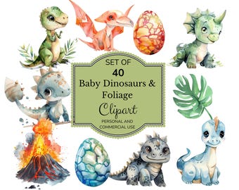 Watercolor Cute Baby Dino Clipart Bundle | Digital Download | Dinosaur Baby Shower | Dinosaur Birthday Party | Volcano Clipart | Jungle PNG
