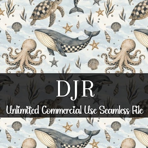May include: A seamless pattern with watercolour illustrations of marine creatures such as whales, turtles, octopuses, and starfish. The design has a light blue background with the text "DJR Unlimited Commercial Use Seamless File".