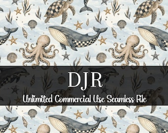Sea Animal Checker Muster | Aquarell Wal Delfin | Meeresschildkröte Oktopus Druck | Muscheln Koralle | Junge, Rapportmuster