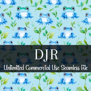 Może przedstawiać: Bezszwowy wzór z akwarelowymi ilustracjami niebieskich i zielonych żab oraz zielonych liści na jasnoniebieskim tle. Tekst "DJR Unlimited Commercial Use Seamless File" jest wyświetlany na dole.