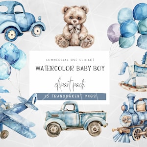 Clipart bébé garçon aquarelle | Jouets en bois des cliparts | Clipart aquarelle bébé garçon | Décoration pour chambre de bébé garçon | Pack de cliparts avion bleu