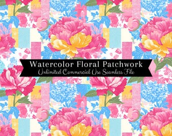 Seamless Spring Floral Patchwork Pattern | Watercolor Colorblock Pattern | Spring Seamless File | Repeating Pattern PNG | Commercial Use PNG