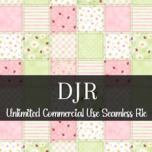 Könnte beinhalten: Nahtlose digitale Datei mit einem Patchwork-Design in Rosa und Grün. Die Quadrate zeigen Marienkäfer, Gänseblümchen, Streifen und Punkte. Der Text "DJR Unlimited Commercial Use Seamless File" wird angezeigt.