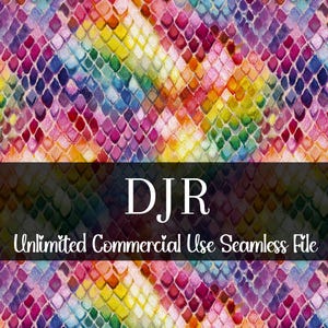 Puede incluir: Un vibrante patrón sin costuras multicolor con textura de piel de serpiente. El diseño presenta un arcoíris de colores, incluyendo rosa, morado, amarillo, verde y azul. El texto "DJR Unlimited Commercial Use Seamless File" se muestra.