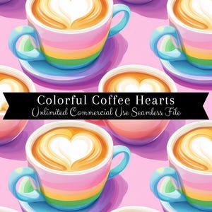 Pode incluir: Um padrão sem costura que apresenta xícaras de café coloridas com arte latte em forma de coração. As xícaras têm um design de listras arco-íris e estão sobre um fundo rosa.