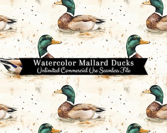 Modèle sans couture de canard colvert | Canards à l'aquarelle | Fichier sans couture d'arrière-plans de chasse | Motif répétitif PNG | Droits exclusifs PNG