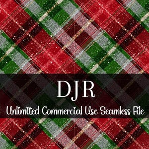 Peut inclure: Motif sans couture festif avec un motif à carreaux rouge, vert et argenté avec des accents de paillettes dorées. Le texte "DJR Unlimited Commercial Use Seamless File" est affiché.