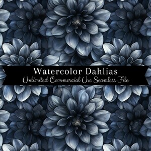 Może przedstawiać: Wzór bez szwów z akwarelowymi ilustracjami ciemnoniebieskich dalii. Wzór nosi tytuł "Watercolor Dahlias Unlimited Commercial Use Seamless File".