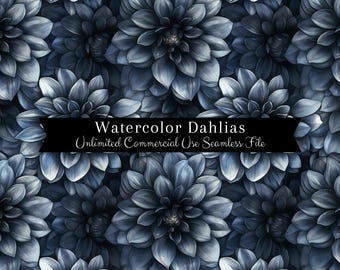 以下が含まれることがあります： 濃い青色のダリアの水彩画のシームレスパターン。パターンは「Watercolor Dahlias Unlimited Commercial Use Seamless File」というタイトルです。