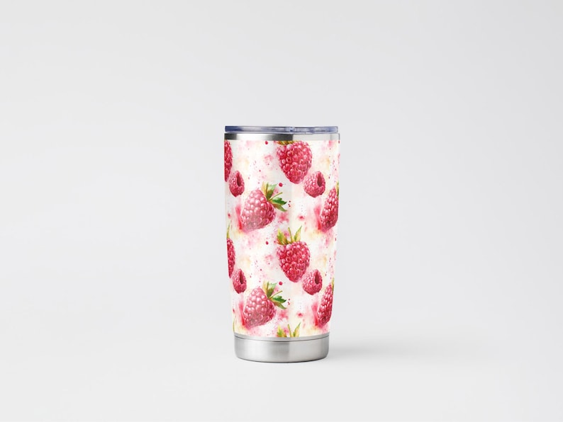 May include: A stainless steel tumbler with a white background and a pattern of red raspberries. The tumbler has a lid and is ideal for keeping drinks cold or hot.