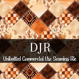 Patchwork de acuarela estilo vaquero sin costuras / Patrón western para niño / Uso comercial / Estampado de vaca / Patchwork western / Cactus sin costuras / Azteca