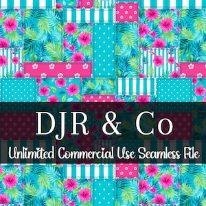 May include: A digital seamless pattern featuring a patchwork design of bright pink hibiscus flowers, tropical green palm leaves, turquoise polka dots, and white stripes. The text DJR & Co and Unlimited Commercial Use Seamless File is overlaid.
