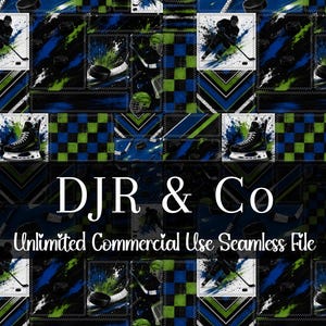 Puede incluir: Un patrón digital sin costuras con temas de hockey sobre hielo con jugadores, patines y discos en negro, azul y verde lima. El diseño incluye secciones a cuadros y en zigzag con el texto DJR & Co Unlimited Commercial Use Seamless File.