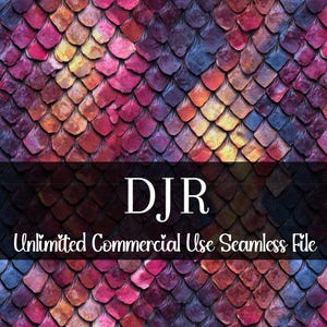 May include: A seamless file with a colourful, textured pattern resembling dragon scales. The design features shades of pink, purple, orange, and blue. The text "DJR" and "Unlimited Commercial Use Seamless File" are displayed on a dark banner.