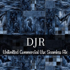 May include: Seamless digital file with a dark blue ocean theme. The design features whales, seahorses, jellyfish, and other marine life. The text "DJR Unlimited Commercial Use Seamless File" is displayed across the bottom.