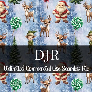 May include: A seamless pattern featuring Santa Claus, reindeer, elves, and green and white lollipops on a light blue icy background. The text "DJR Unlimited Commercial Use Seamless File" is displayed across the bottom.