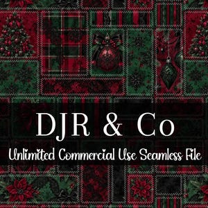 May include: A seamless digital pattern featuring a patchwork of dark red and forest green squares with Christmas trees, ornaments, and poinsettias. The text DJR & Co and Unlimited Commercial Use Seamless File is centered over the design.