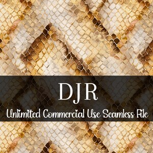 Puede incluir: Un archivo digital sin costuras con un diseño de piel de serpiente en tonos beige, marrón y crema. El patrón tiene un aspecto texturizado con un motivo repetitivo en forma de escamas. El texto "DJR Unlimited Commercial Use Seamless File" se muestra en una pancarta oscura.