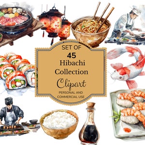 Watercolor Hibachi Clipart | Commercial Use | Hibachi Party Png | Japanese Food Clip Art | Sushi Clipart | Birthday Party Clipart | Lanterns