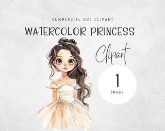 May include: Watercolour illustration of a princess with long brown hair, wearing a white dress with a tulle skirt. The illustration is on a white background with a grey geometric pattern.