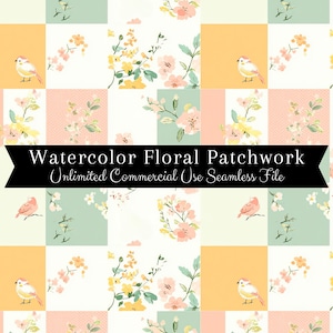 Könnte beinhalten: Ein nahtloses digitales Papiermuster mit einem Aquarell-Blumenpatchwork-Design mit zarten rosa, gelben und grünen Blumen und Vögeln. Der Text "Watercolor Floral Patchwork Unlimited Commercial Use Seamless File" wird auf einem schwarzen Banner angezeigt.
