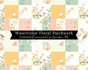 Spring Pastel Bird  Floral Seamless | Patchwork Quilt Seamless Pattern | File Farmhouse Quilted Colorblocking | Digital Repeatable Folk Art