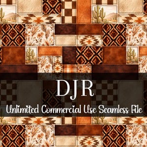 Patchwork de acuarela estilo vaquero sin costuras / Patrón western para niño / Uso comercial / Estampado de vaca / Patchwork western / Cactus sin costuras / Azteca