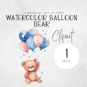 Oso acuarela con globos Clipart / Oh Boy Teddy Bear Clipart / Baby Boy / Globos de oso de cumpleaños / Clipart de oso de peluche / Uso comercial