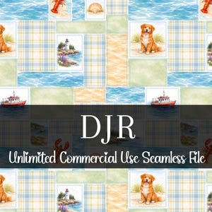 May include: Seamless pattern featuring watercolor illustrations of a golden retriever, lighthouse, lobster, and seashell. The design incorporates plaid, ocean waves, and sand textures. The text "DJR Unlimited Commercial Use Seamless File" is also included.