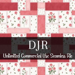 May include: Seamless digital file with a patchwork design featuring pink roses and the word "May". The background is a mix of pink and red rectangles. The text "DJR Unlimited Commercial Use Seamless File" is displayed.