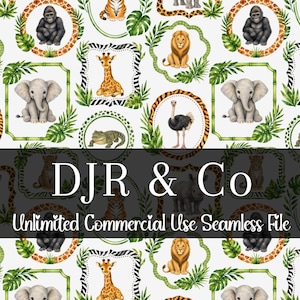 May include: A seamless pattern featuring watercolor illustrations of jungle animals including lions, elephants, giraffes, gorillas, ostriches, and crocodiles framed by tropical leaves and animal print borders. Text reads DJR & Co Unlimited Commercial Use Seamless File.