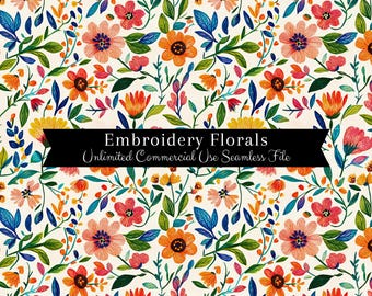 Watercolor Faux Floral Embroidery Seamless Print | Floral Seamless Pattern | Commercial Use Pattern | Watercolor Floral Repeating Pattern