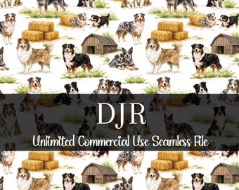 May include: Seamless pattern featuring various dog breeds, including Australian Shepherds, with hay bales and small wooden barns on a white background. The text "DJR Unlimited Commercial Use Seamless File" is displayed at the bottom.