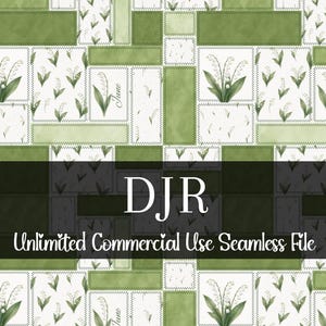May include: A seamless digital file featuring a patchwork design with green and white rectangles. The design includes illustrations of lily of the valley flowers and the word "June". The text "DJR Unlimited Commercial Use Seamless File" is also present.