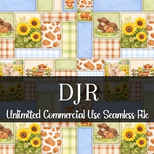 May include: A seamless pattern featuring patchwork squares with watercolor illustrations. The design includes Highland cows, sunflowers, cow print, and plaid patterns in shades of brown, green, and blue. Text reads "DJR Unlimited Commercial Use Seamless File."