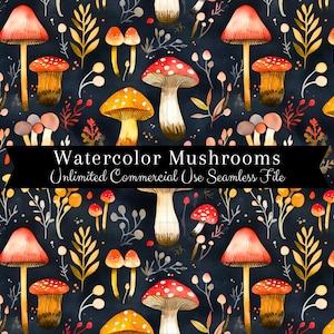Impression transparente de champignons aquarelle | Modèle sans couture de noyau de chalet | Modèle d'utilisation commerciale | Impression répétée | Aquarelle champignon vénéneux PNG