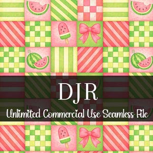 Seamless Watermelon Patchwork Pattern | Watercolor Melon Print | Fruit Backgrounds File | Repeating Summer Bow Pattern | Commercial Rights
