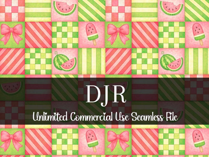 Seamless Watermelon Patchwork Pattern | Watercolor Melon Print | Fruit Backgrounds File | Repeating Summer Bow Pattern | Commercial Rights image 1