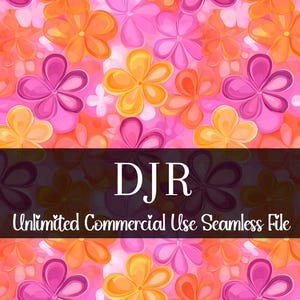 Op de afbeelding: Een naadloos bloemenpatroon met gestileerde bloemen in roze, oranje en geel op een roze achtergrond. Het ontwerp bevat de tekst "DJR Unlimited Commercial Use Seamless File" in een donkere banner.