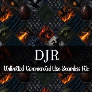 Pode incluir: Arquivo digital sem costura com um padrão repetitivo de olhos de dragão, chamas e escamas em tons de laranja, verde e azul. O texto "DJR Unlimited Commercial Use Seamless File" é exibido.