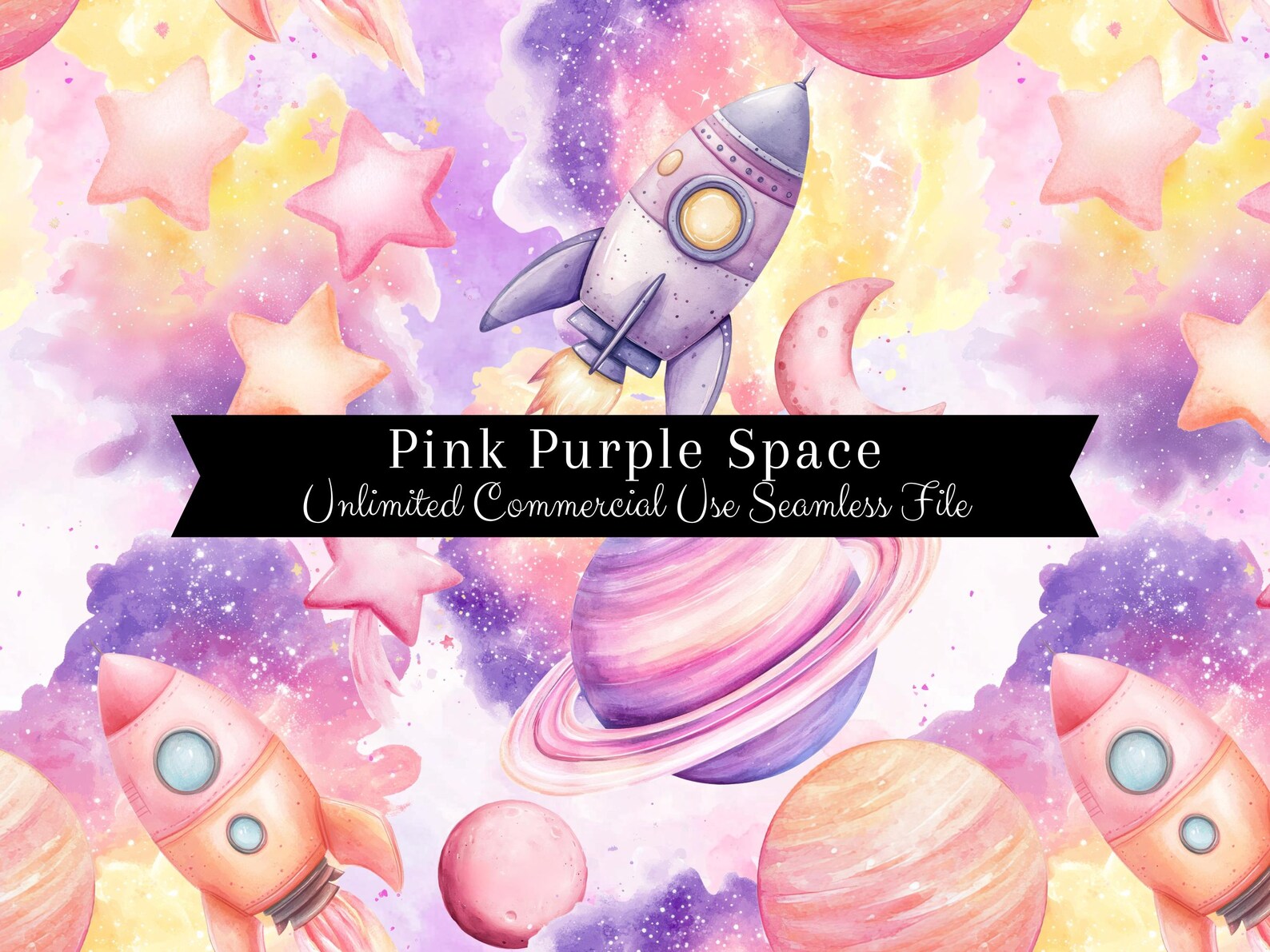 Paper Rockets Pink Pink Planets Seamless Pattern | Watercolor Space Digital Paper ...