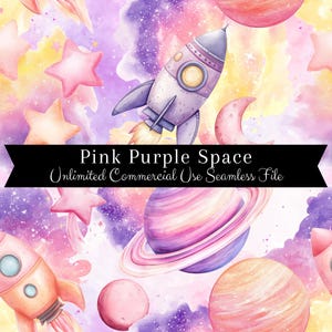 Rosa Planeten Muster | Aquarell Weltall Digitales Papier | Aquarell Rockets Muster | Aquarell Lila Planeten | Sich wiederholendes Muster