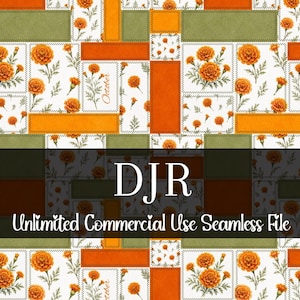 Peut inclure: Fichier numérique sans couture avec un motif patchwork. Il présente des fleurs de souci orange, des rectangles verts et orange et le texte "Octobre". Le design comprend le texte "DJR Unlimited Commercial Use Seamless File".