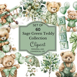 Clipart vert sauge aquarelle | Clipart ours en peluche | Clipart baby shower | Art mural pour chambre d'enfant | Attendez Bearly vert sauge | Ballon PNG
