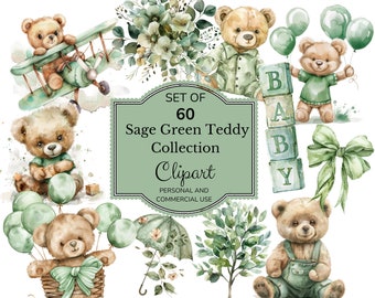May include: Set of 60 sage green teddy bear clipart images. The clipart includes teddy bears with balloons, a teddy bear in a plane, a teddy bear holding blocks that spell "BABY", a teddy bear in a basket, and a teddy bear holding a heart. The clipart also includes a green bow, a green umbrella, and a green bush.