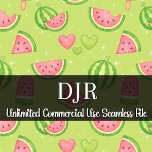 May include: Seamless pattern featuring watercolor illustrations of watermelon slices, whole watermelons, and watermelon popsicles on a light green background. Pink and green hearts are also scattered throughout. The text "DJR Unlimited Commercial Use Seamless File" is displayed.