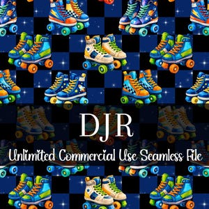 May include: A repeating pattern of colourful roller skates on a dark blue background with a chequered pattern and stars. The skates feature various designs and colours, including blue, orange, and yellow. The text "DJR Unlimited Commercial Use Seamless File" is also present.