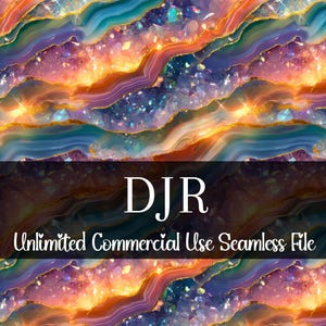 Peut inclure: Fichier numérique sans couture avec un motif abstrait coloré. L'image présente un mélange de tons orange, bleu, violet et or, ressemblant à une géode ou à une formation cristalline. Le texte "DJR Unlimited Commercial Use Seamless File" est affiché.