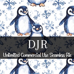 Puede incluir: Patrón sin costuras con pingüinos de acuarela en tonos azules y blancos, intercalados con copos de nieve. Los pingüinos tienen cuerpos azul oscuro y vientres blancos. Se muestra el texto "DJR Unlimited Commercial Use Seamless File".