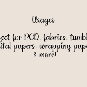 Pode incluir: Gr&aacute;fico de texto em fundo bege. O texto diz "Usages" seguido de uma lista: "Perfeito para POD, tecidos, canecas, pap&eacute;is digitais, papel de embrulho, e muito mais!"